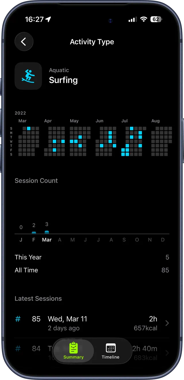 Streakout app preview – Activity type details (surfing)