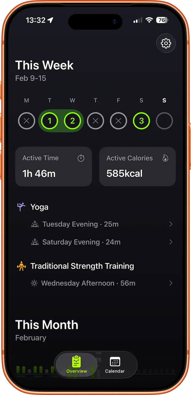 Streakout app preview – Workout overview (this week)