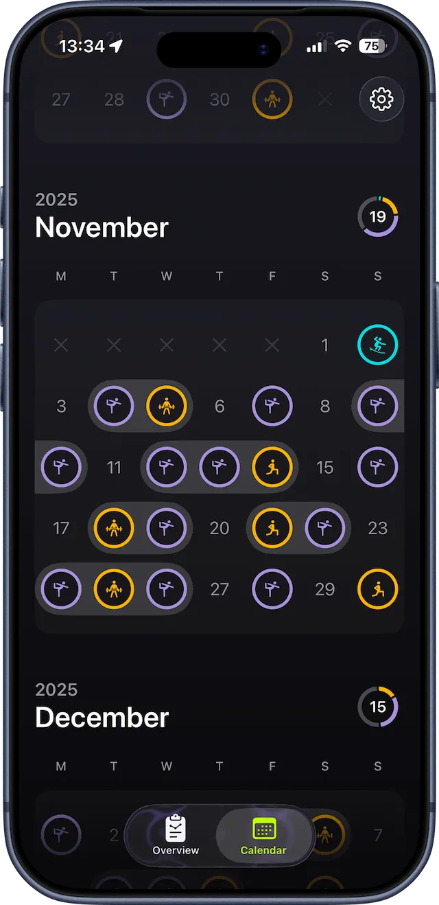 Streakout app preview – Activity calendar